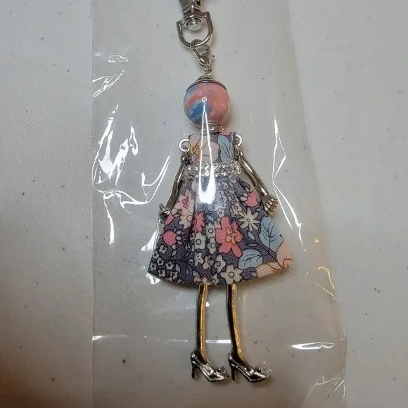 Floral Fashion Doll Purse Charm Keychain Handbag Charm Colorful Flower Dress - Picture 2 of 3